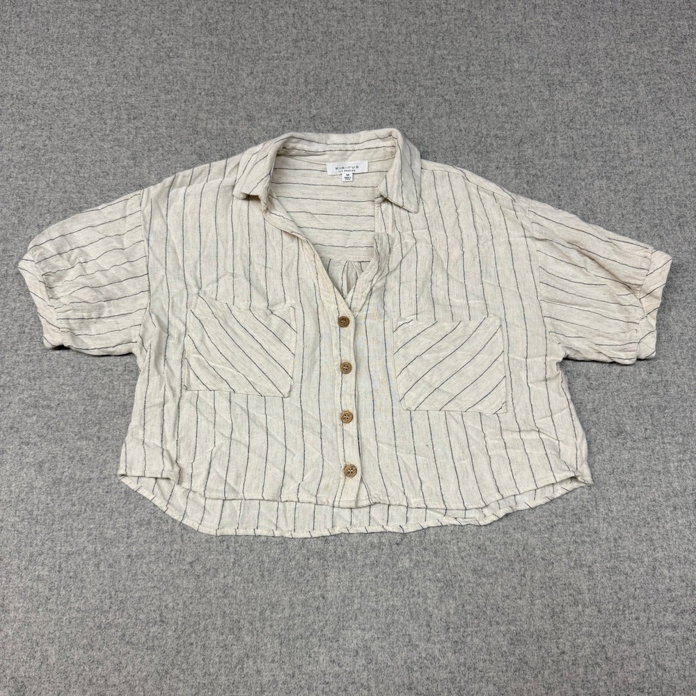 Kirious | Pinstripe Cropped Button Up Shirt | Medium | Cream Navy | Puff Sleeve